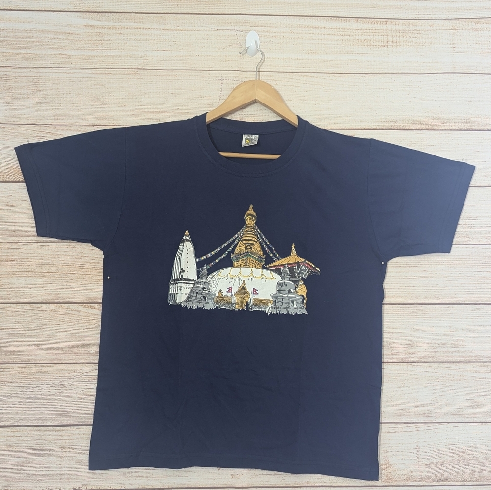 Unisex Size 42 Navy Blue 100%Cotton Top Lord Swyambhu Stupa Print  T-shirt Black